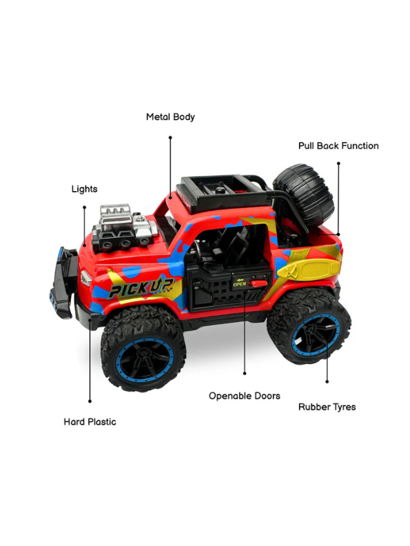 Off-Road Monster Pickup Toy Truck – Camo Design, Pull-Back Action, Spare Tire & Bull Bar Red LMI16430.