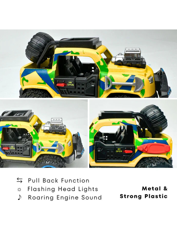 Off-Road Monster Pickup Toy Truck – Camo Design, Pull-Back Action, Spare Tire & Bull Bar Yellow LMI16430.