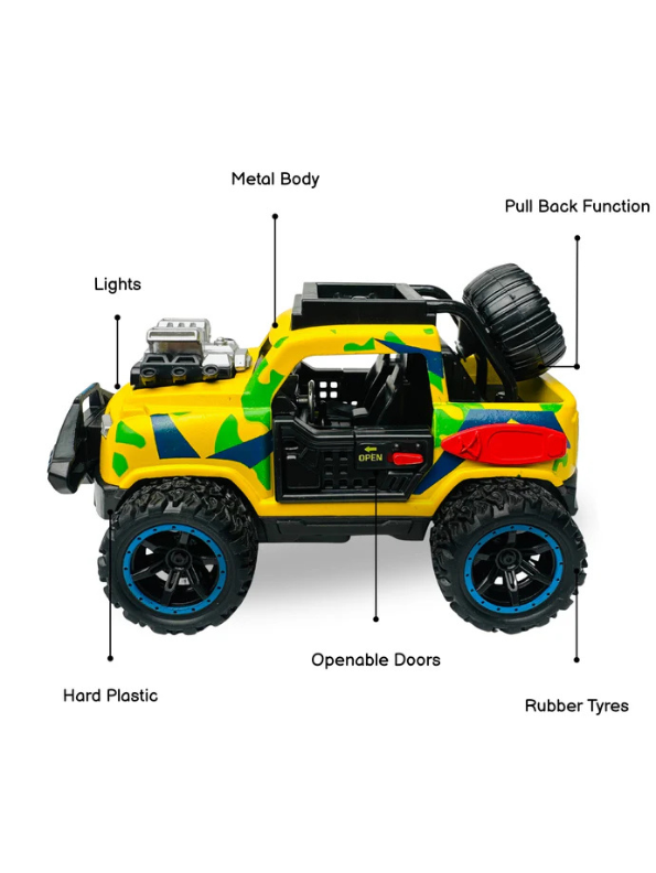 Off-Road Monster Pickup Toy Truck – Camo Design, Pull-Back Action, Spare Tire & Bull Bar Yellow LMI16430.