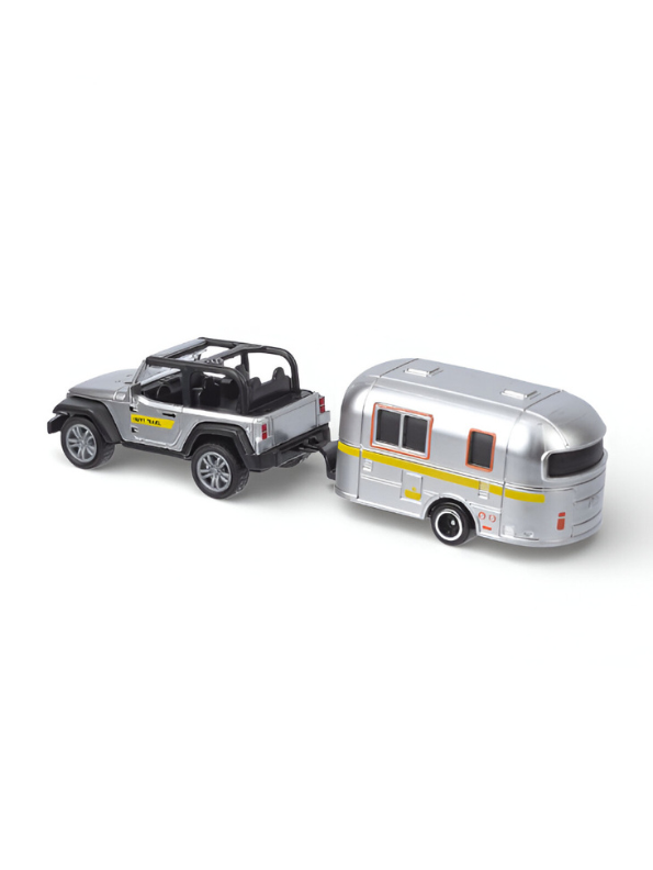Off-Road SUV & Silver Camper Trailer Toy – Die-Cast Detachable RV Caravan for Kids and Collectors.
