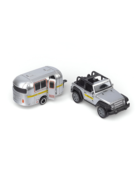 Off-Road SUV & Silver Camper Trailer Toy – Die-Cast Detachable RV Caravan for Kids and Collectors.
