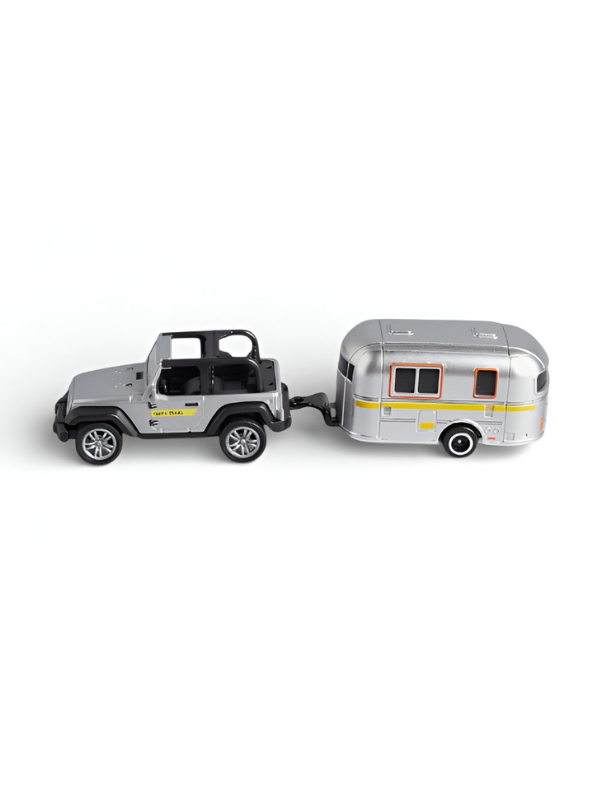 Off-Road SUV & Silver Camper Trailer Toy – Die-Cast Detachable RV Caravan for Kids and Collectors.