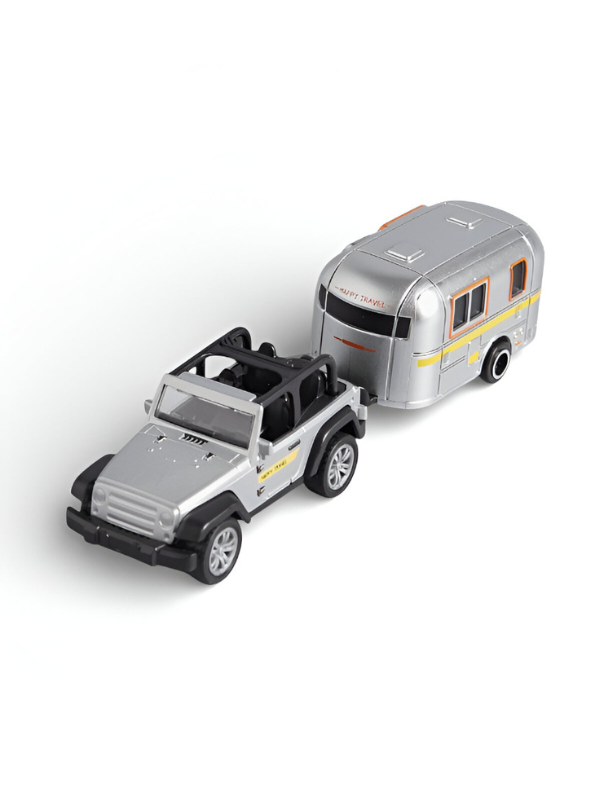 Off-Road SUV & Silver Camper Trailer Toy – Die-Cast Detachable RV Caravan for Kids and Collectors.