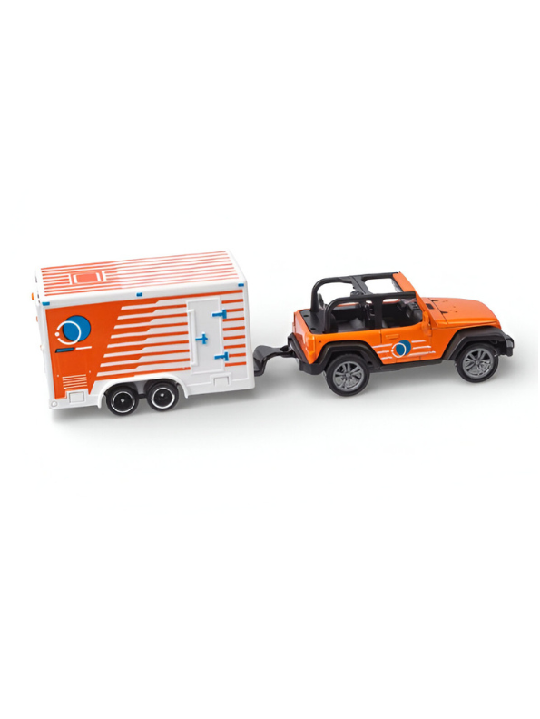 Orange Miniature Off-Road SUV Toy with Truck & Trailer Set – Adventure Vehicle Playset.