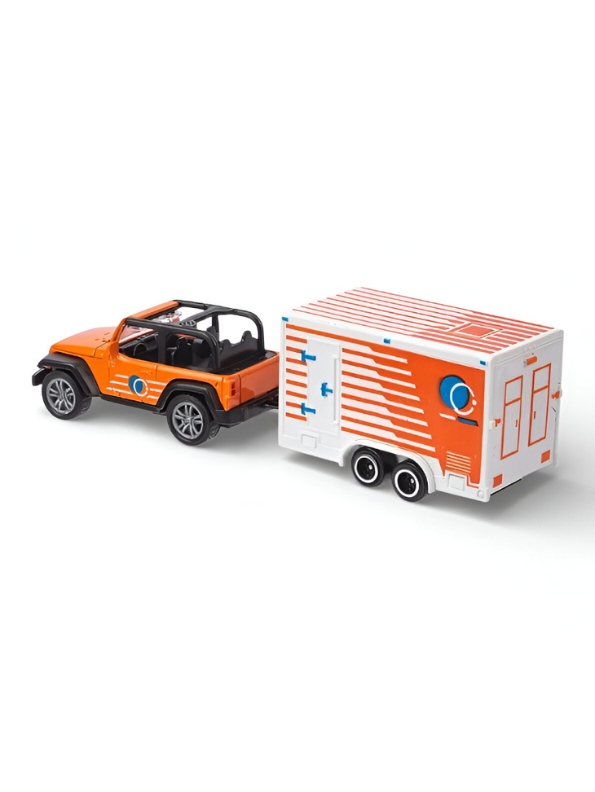 Orange Miniature Off-Road SUV Toy with Truck & Trailer Set – Adventure Vehicle Playset.
