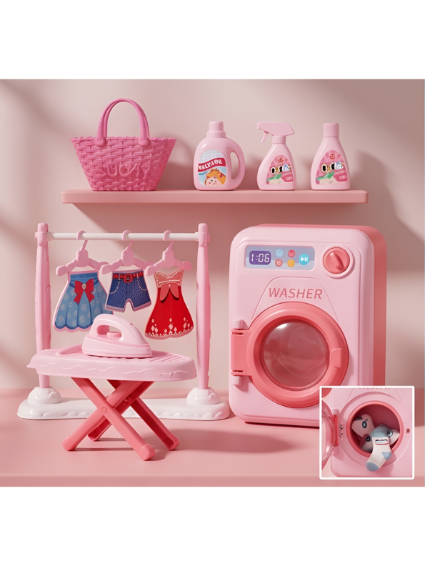My Little Laundry Day Playset | Pink Interactive Toy Washer & Ironing Board Set for Kids LMI15262