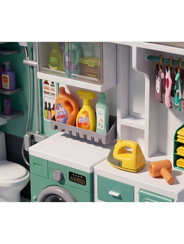 Interactive Home Toilet & Shower Room Playset with Miniature Washing Machine and Laundry Accessories NX13515
