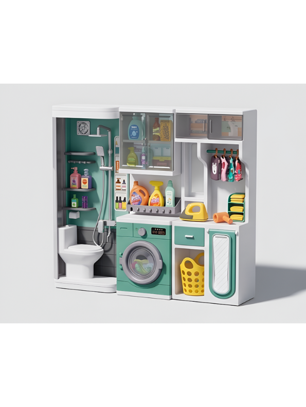 Interactive Home Toilet & Shower Room Playset with Miniature Washing Machine and Laundry Accessories NX13515