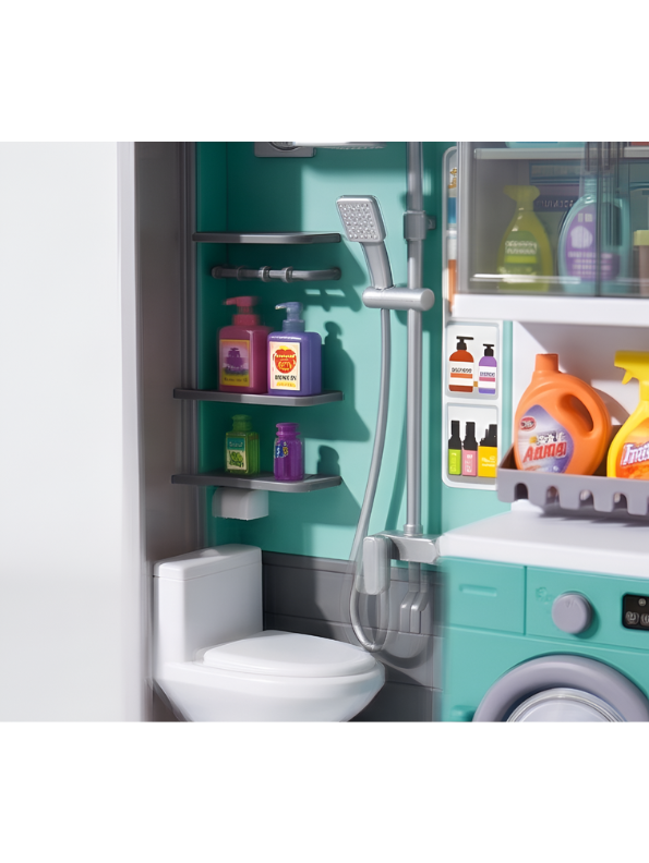 Interactive Home Toilet & Shower Room Playset with Miniature Washing Machine and Laundry Accessories NX13515
