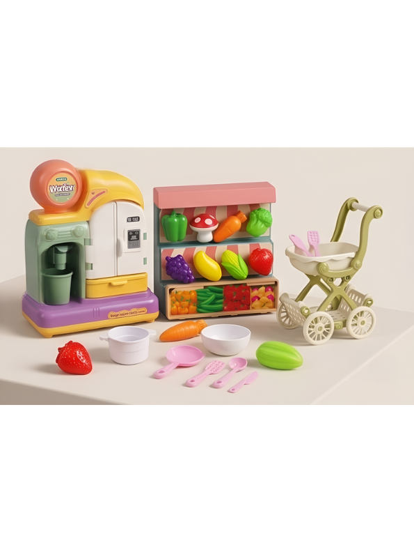 Happy Kitchen & Grocery Store Playset with Mini Water Dispenser, Shopping Cart, Pretend Food Vegetables, and Cooking Utensils Toys for Toddlers NX16756