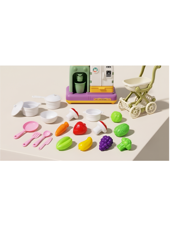 Happy Kitchen & Grocery Store Playset with Mini Water Dispenser, Shopping Cart, Pretend Food Vegetables, and Cooking Utensils Toys for Toddlers NX16756