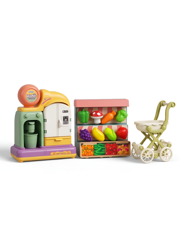 Happy Kitchen & Grocery Store Playset with Mini Water Dispenser, Shopping Cart, Pretend Food Vegetables, and Cooking Utensils Toys for Toddlers NX16756