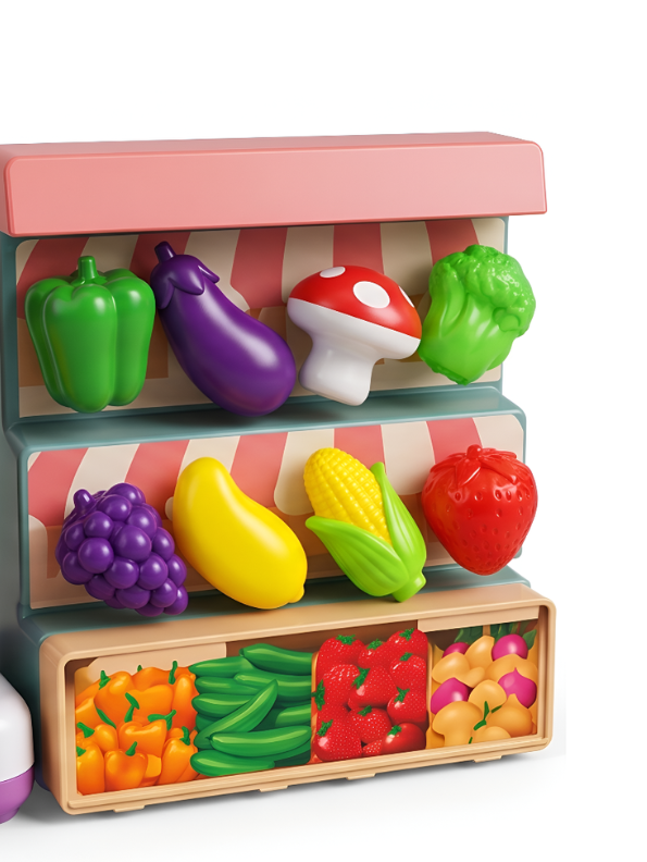Happy Kitchen & Grocery Store Playset with Mini Water Dispenser, Shopping Cart, Pretend Food Vegetables, and Cooking Utensils Toys for Toddlers NX16756
