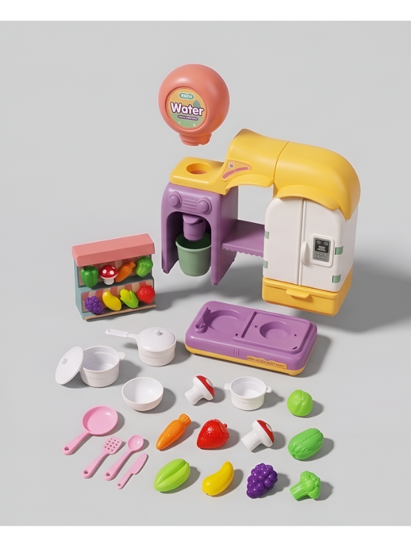 Happy Kitchen & Grocery Store Playset with Mini Water Dispenser, Shopping Cart, Pretend Food Vegetables, and Cooking Utensils Toys for Toddlers NX16756