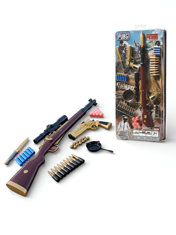 PUBG Toy Gun Set with Sniper Rifle, Gold Pistol, and Frying Pan - Realistic Battle Royale Action Figure Accessory Kit for Kids LMI13792.