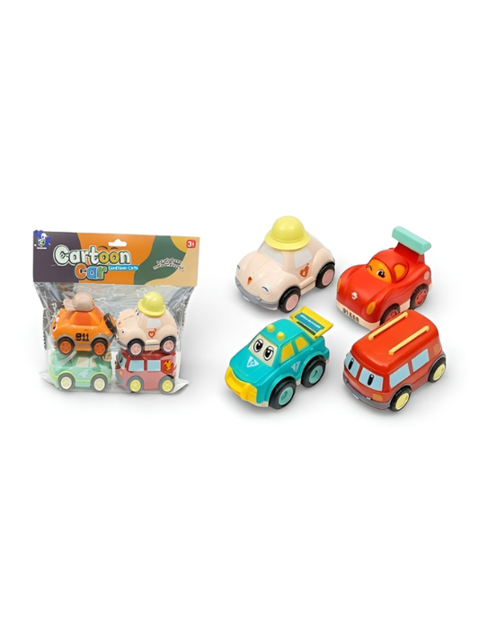 Pack of 4 Cartoon Toy Cars – Friction Powered Push & Go Mini Vehicles TV1776.