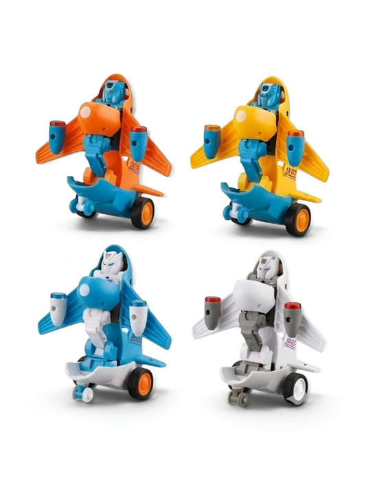 Pack of 4 Transforming Airplane Robot Toys – 2-in-1 Deformation Jet to Robot Action Figures, Friction Powered Mini Aircraft Playset LMI13476.