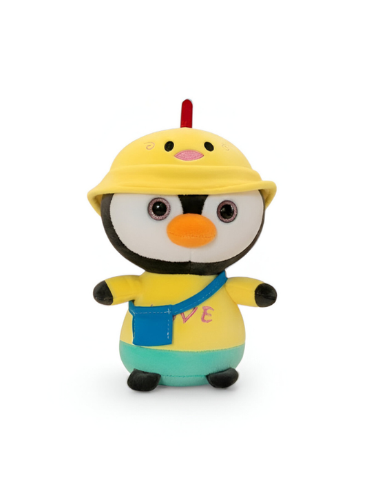 Penguin Plush Toy with Chick Hat & Outfit – Kawaii Stuffed Animal Doll with Blue Messenger Bag & Teal Pants ST9606.