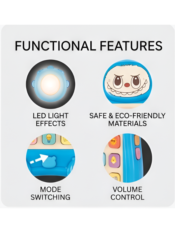 Interactive Toddler Toy Phone – Blue Cartoon Monster Musical Smartphone with 12 Sound Modes & Engaging LED Lights NX15508