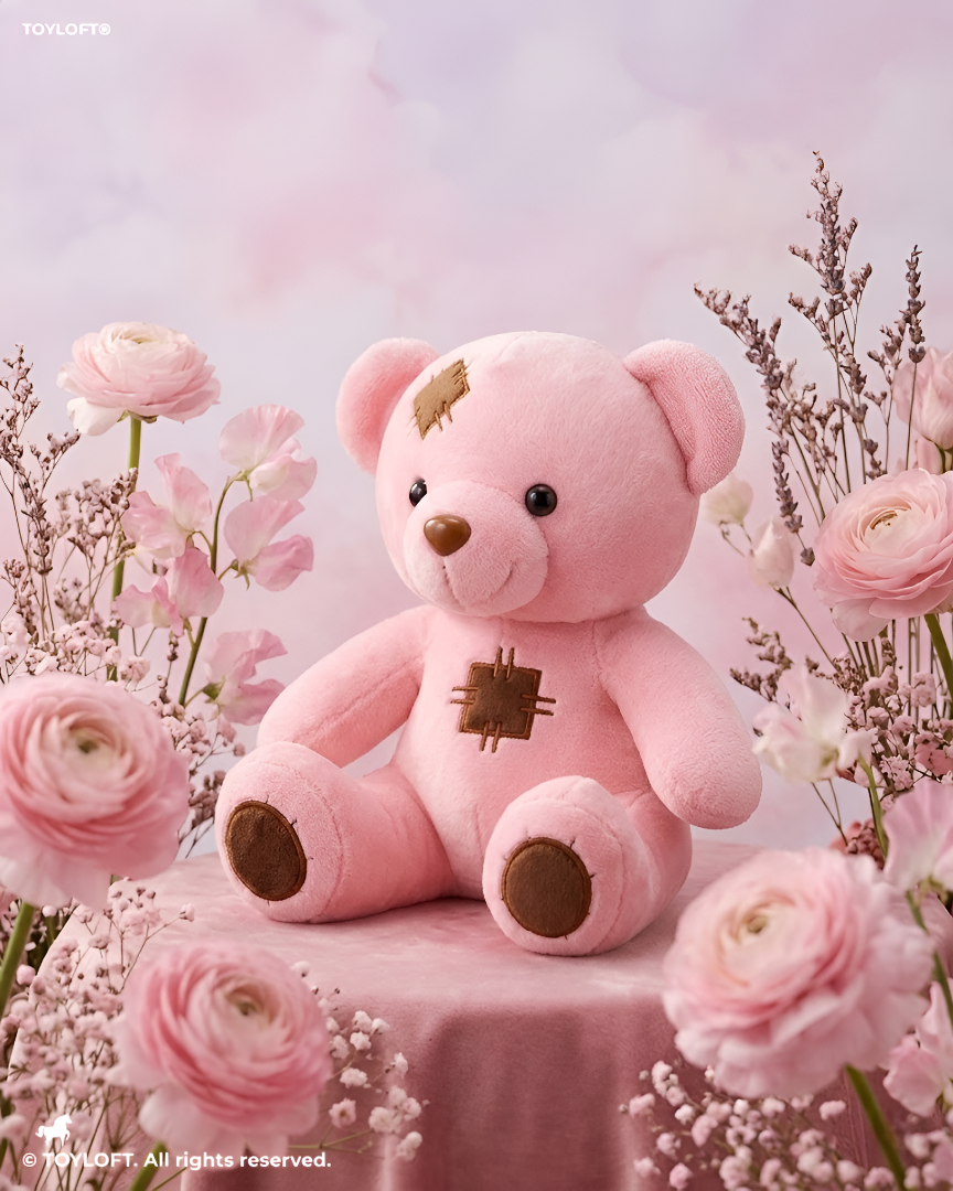 Pink Patchwork Teddy Bear Plush Toy – 7" Soft Stuffed Animal Soft Toy ST15028