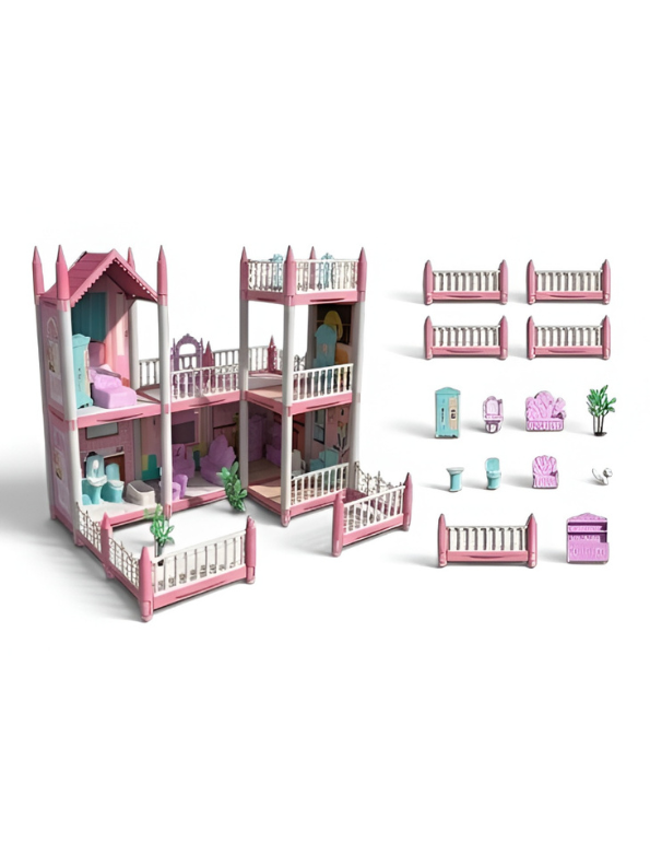 Pink Princess Dollhouse Playset with Furniture Accessories & Courtyard Fence – 2-Story Modular Dream House Toy for Girls Age 3+ TV5392