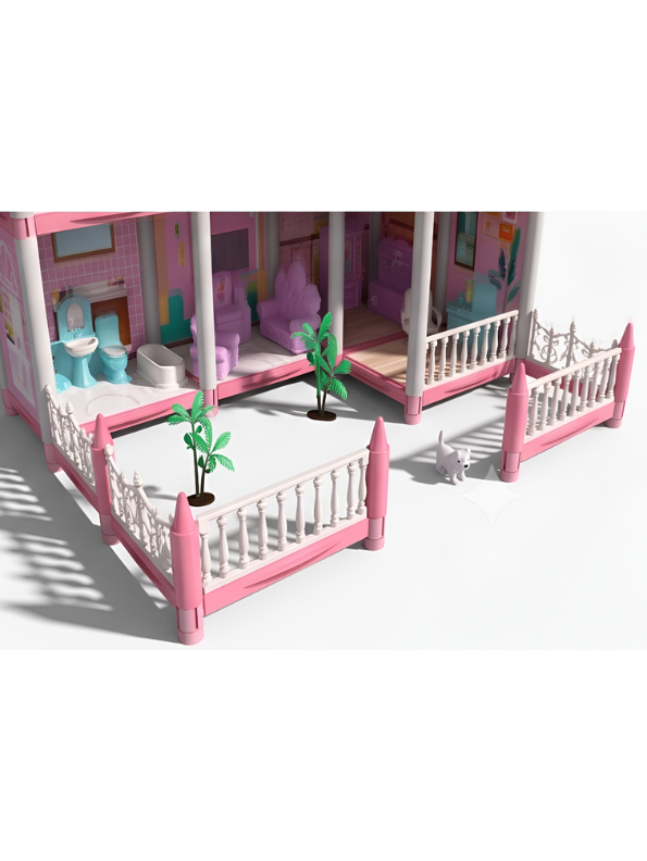 Pink Princess Dollhouse Playset with Furniture Accessories & Courtyard Fence – 2-Story Modular Dream House Toy for Girls Age 3+ TV5392