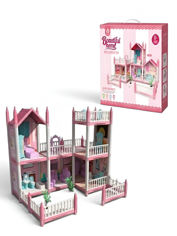 Pink Princess Dollhouse Playset with Furniture Accessories & Courtyard Fence – 2-Story Modular Dream House Toy for Girls Age 3+ TV5392