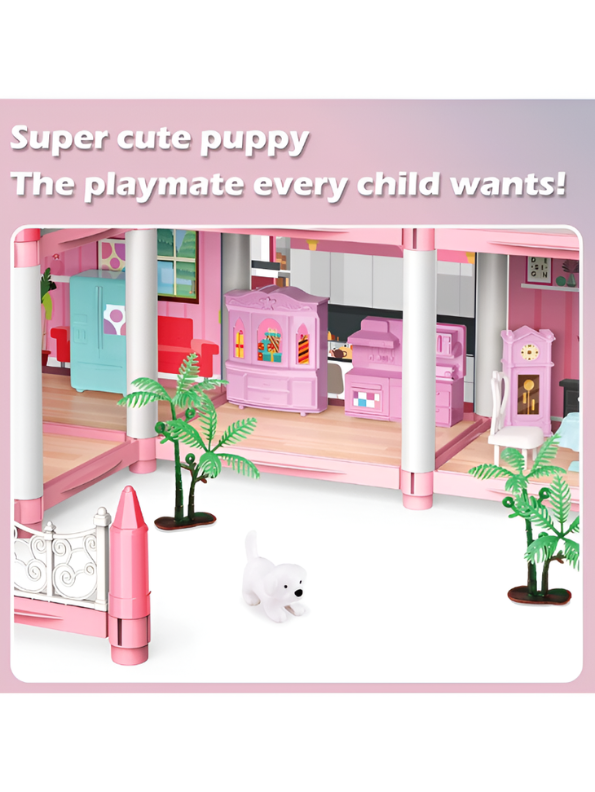 Pink Princess Dollhouse Toy Set with Furniture, Dolls, Puppy & LED Lights TV5481.