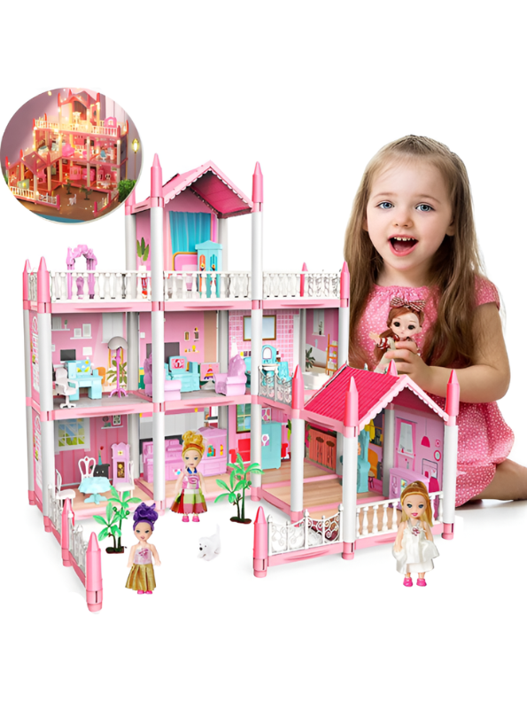 Pink Princess Dollhouse Toy Set with Furniture, Dolls, Puppy & LED Lights TV5481.