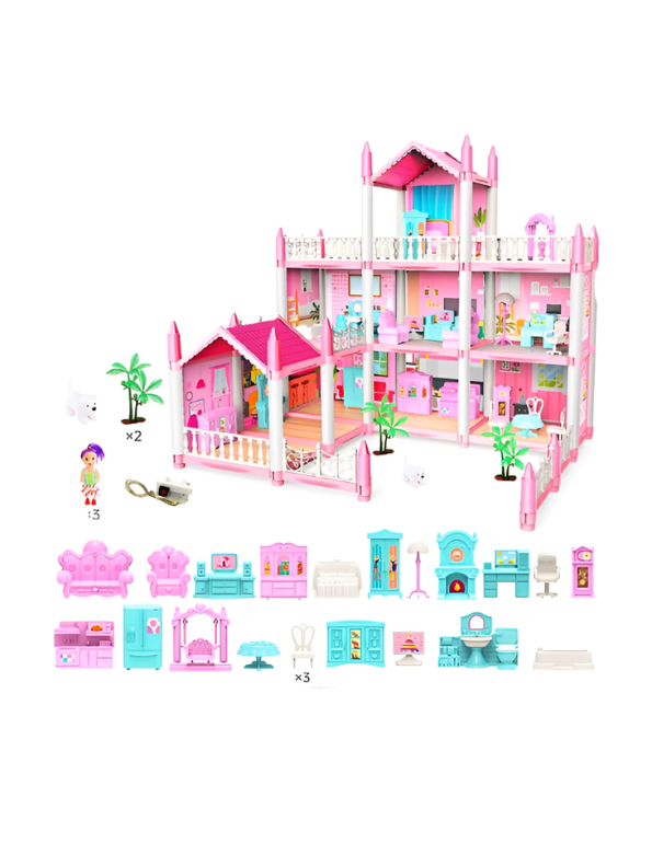 Pink Princess Dollhouse Toy Set with Furniture, Dolls, Puppy & LED Lights TV5481.