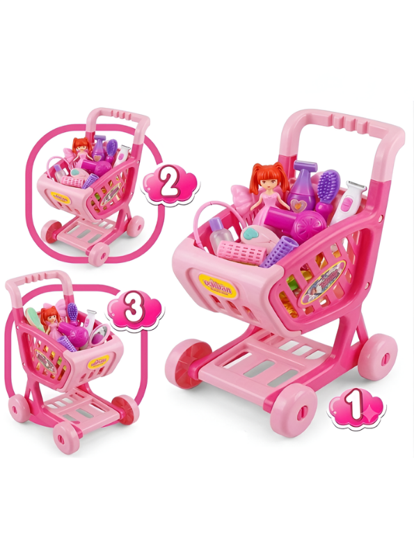 Pink Supermarket Shopping Cart Toy Set – Pretend Play Beauty Salon & Hair Styling Trolley for Girls MD223