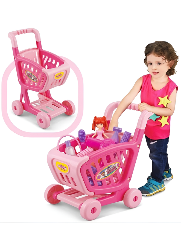 Pink Supermarket Shopping Cart Toy Set – Pretend Play Beauty Salon & Hair Styling Trolley for Girls MD223