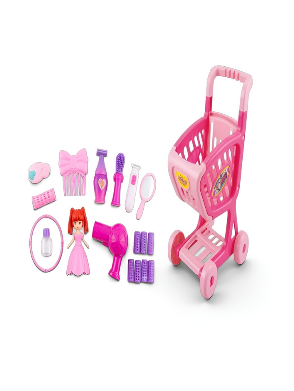 Pink Supermarket Shopping Cart Toy Set – Pretend Play Beauty Salon & Hair Styling Trolley for Girls MD223