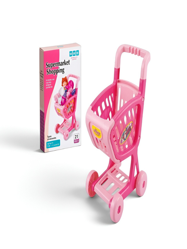 Pink Supermarket Shopping Cart Toy Set – Pretend Play Beauty Salon & Hair Styling Trolley for Girls MD223