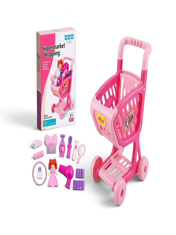 Pink Supermarket Shopping Cart Toy Set – Pretend Play Beauty Salon & Hair Styling Trolley for Girls MD223