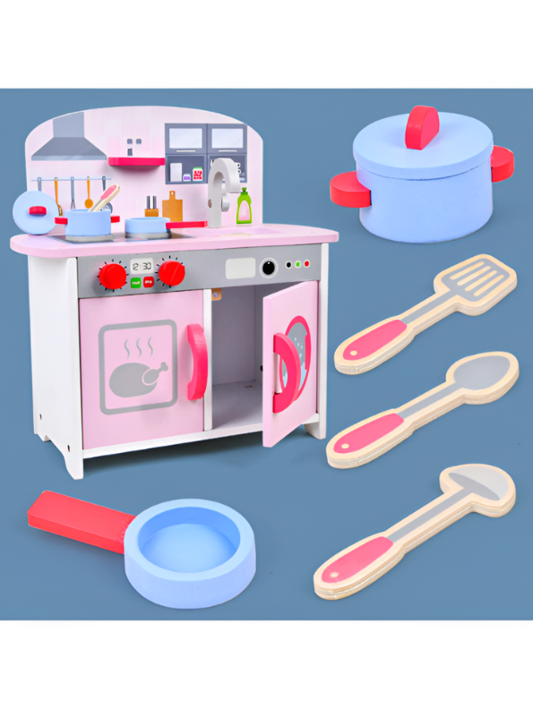 Pink Wooden Toy Kitchen Playset with Cookware & Accessories MD686
