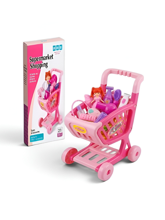 Pink Supermarket Shopping Cart Toy Set – Pretend Play Beauty Salon & Hair Styling Trolley for Girls MD223