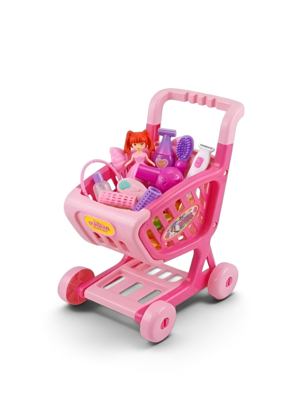 Pink Supermarket Shopping Cart Toy Set – Pretend Play Beauty Salon & Hair Styling Trolley for Girls MD223