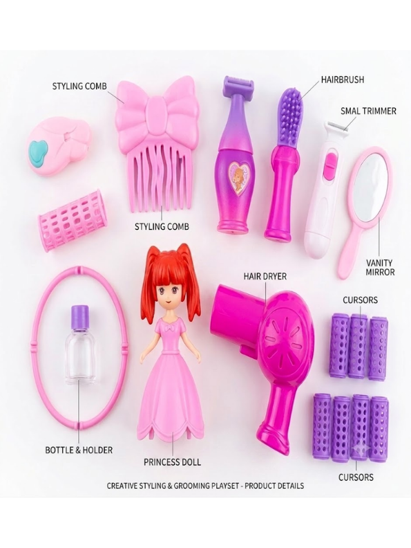 Pink Supermarket Shopping Cart Toy Set – Pretend Play Beauty Salon & Hair Styling Trolley for Girls MD223
