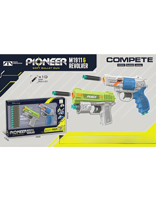 Pioneer 2-in-1 Toy Foam Blaster Set – Manual M1911 Pistol & Revolver with 10 EVA Suction Dart Bullets for Kids Age 6+  LMI16094