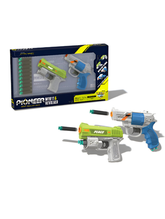 Pioneer Soft Bullet Gun Set - M1911 Pistol & Revolver Toy Blaster Combo with 10 EVA Foam Darts NX16094.