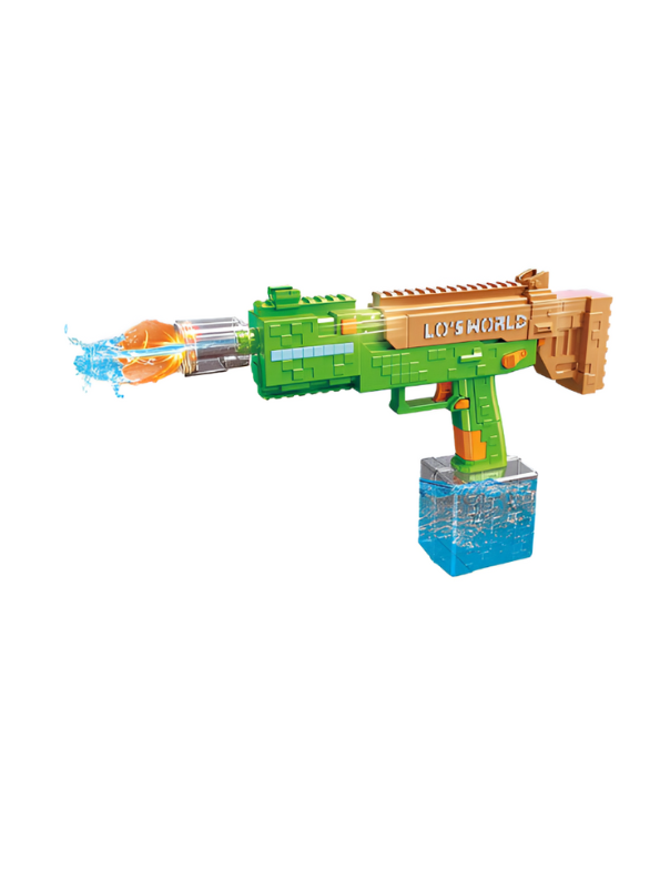Pixelated Minecraft-Style Design Water Gun with RGB Lights – High-Power Automatic Water Blaster, Rechargeable, Large Tank Green LMI15714.