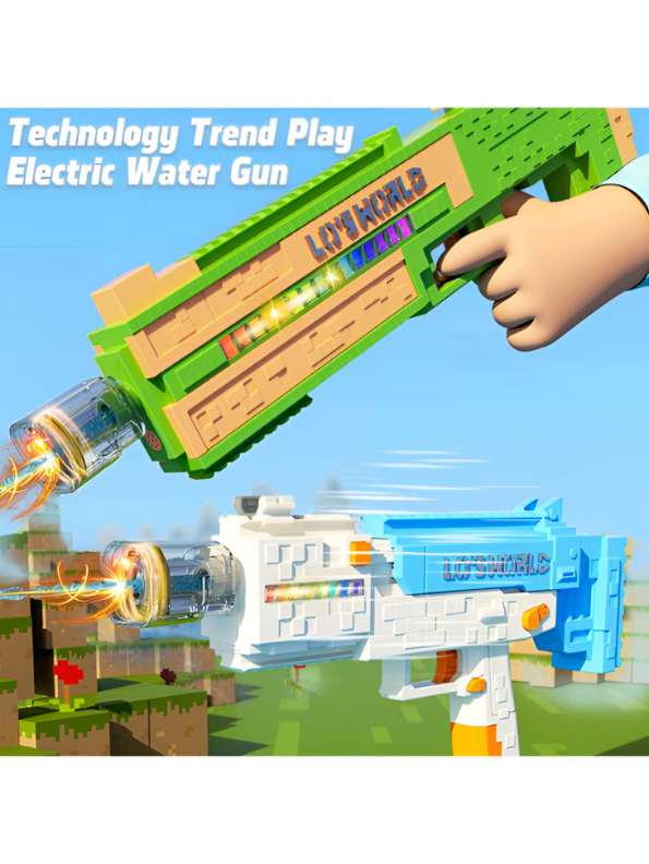 Pixelated Minecraft-Style Design Water Gun with RGB Lights – High-Power Automatic Water Blaster, Rechargeable, Large Tank Green LMI15714.