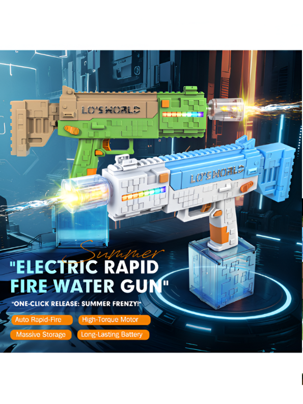 Pixelated Minecraft-Style Design Water Gun with RGB Lights – High-Power Automatic Water Blaster, Rechargeable, Large Tank Green LMI15714.