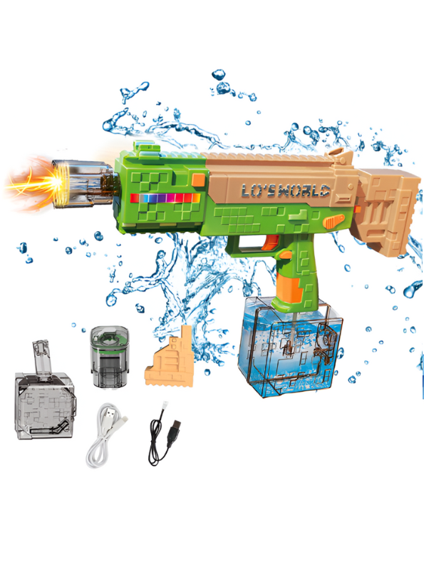 Pixelated Minecraft-Style Design Water Gun with RGB Lights – High-Power Automatic Water Blaster, Rechargeable, Large Tank Green LMI15714.