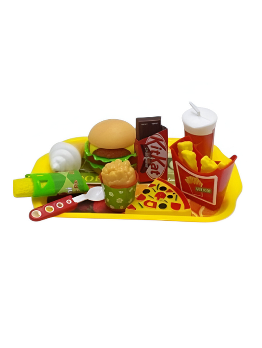 Play Food Set for Toddlers – Fast Food Toy Kit with Hamburger, Pizza, Fries, Ice Cream, Pretzel & Dessert Party Playset Yellow LMI7465.