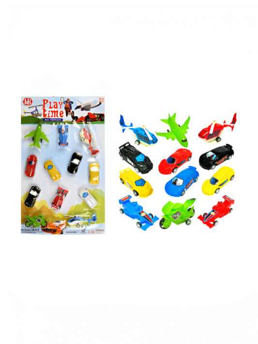 Play Time 12-Piece Toy Vehicle Set for Kids – Die-Cast Style Cars, Helicopters, Planes & Motorcycles Racing Play Set LMI8684.