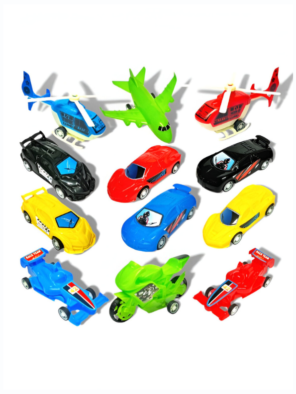 Play Time 12-Piece Toy Vehicle Set for Kids – Die-Cast Style Cars, Helicopters, Planes & Motorcycles Racing Play Set LMI8684.