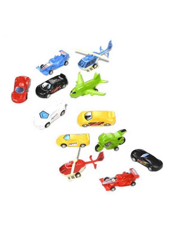 Play Time 12-Piece Toy Vehicle Set for Kids – Die-Cast Style Cars, Helicopters, Planes & Motorcycles Racing Play Set LMI8684.