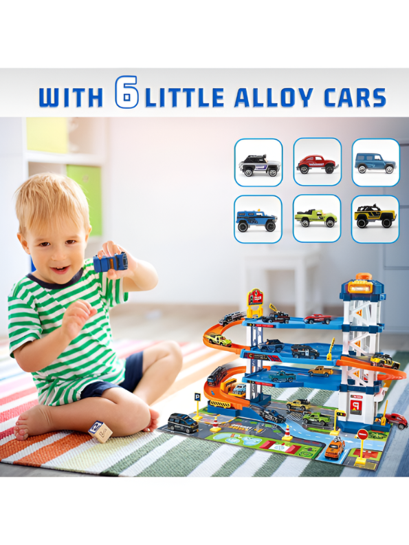 Police Car Garage Playset with Parking Tower, Spiral Ramp & Cars NX15618.